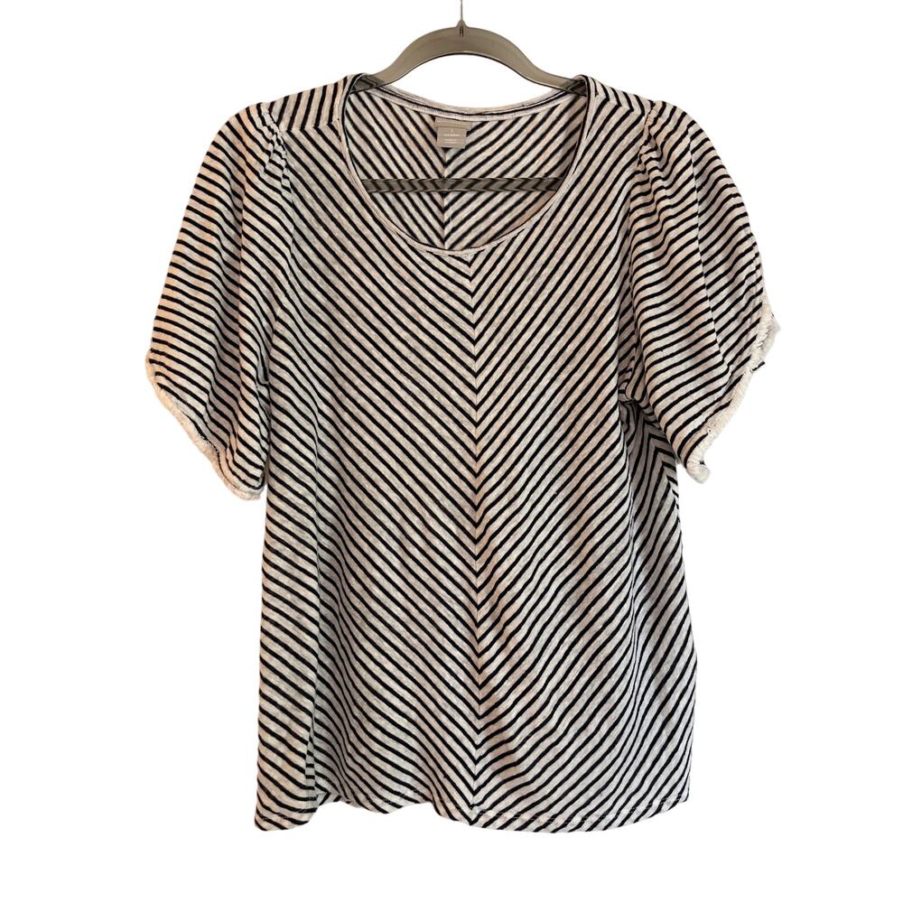 Chico's 100% Linen Tulip Sleeve Tee Size 1/M Black White Striped Scoop Neck